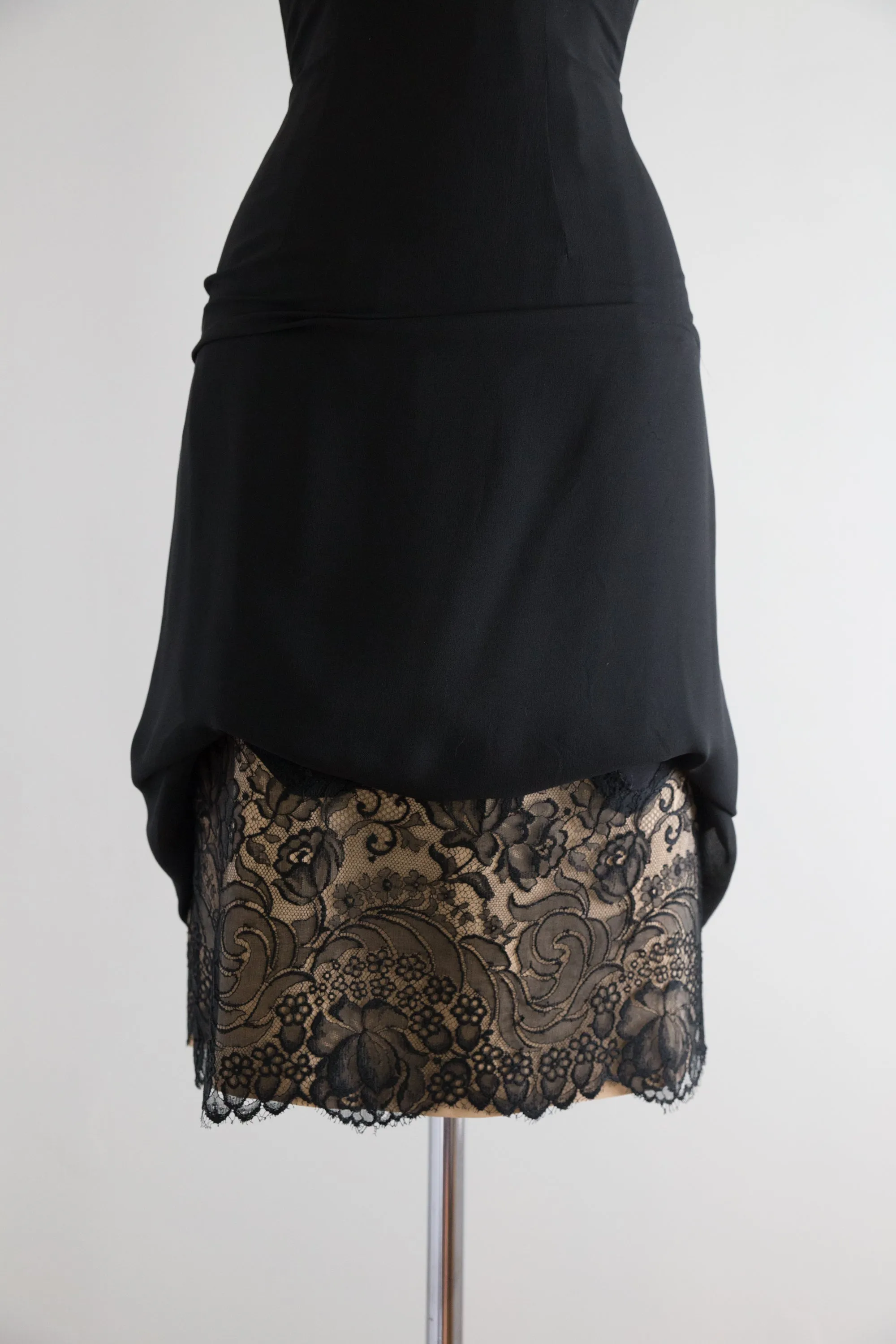 1950's Black Silk Chiffon & Fine French Lace Cocktail Dress By Philip Hulitar / Waist 26