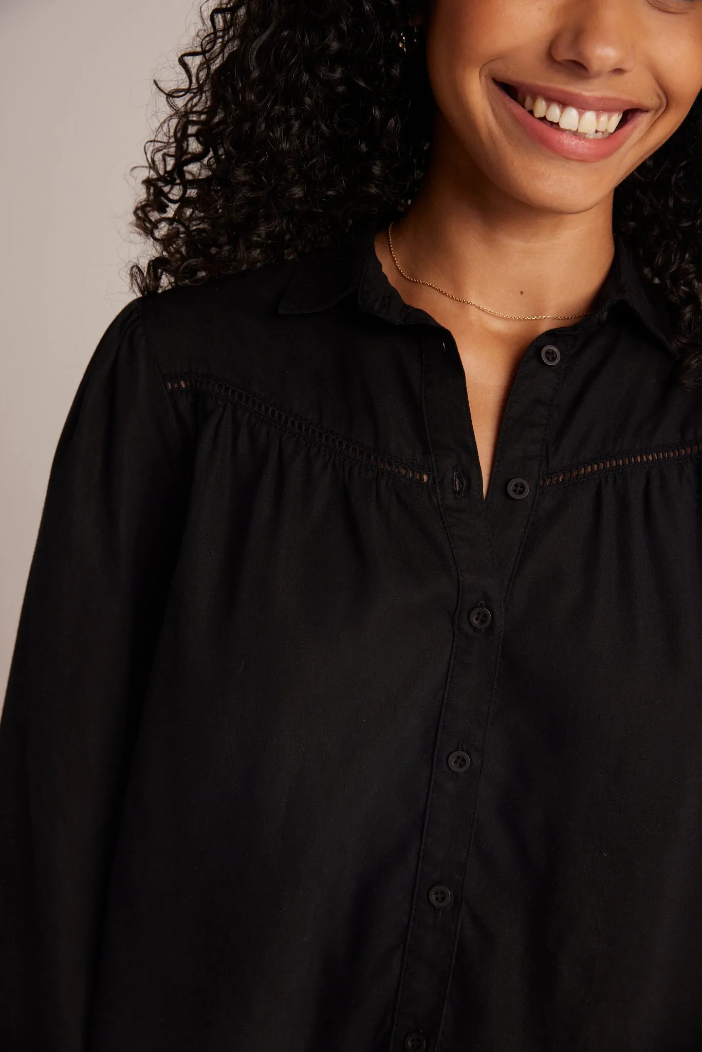 Ladder Trim Long Sleeve Shirt - Black