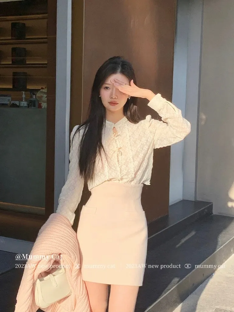 [Mummy Cat] Soft Rose Ribbon Lace Shirt