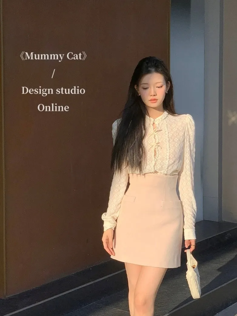 [Mummy Cat] Soft Rose Ribbon Lace Shirt