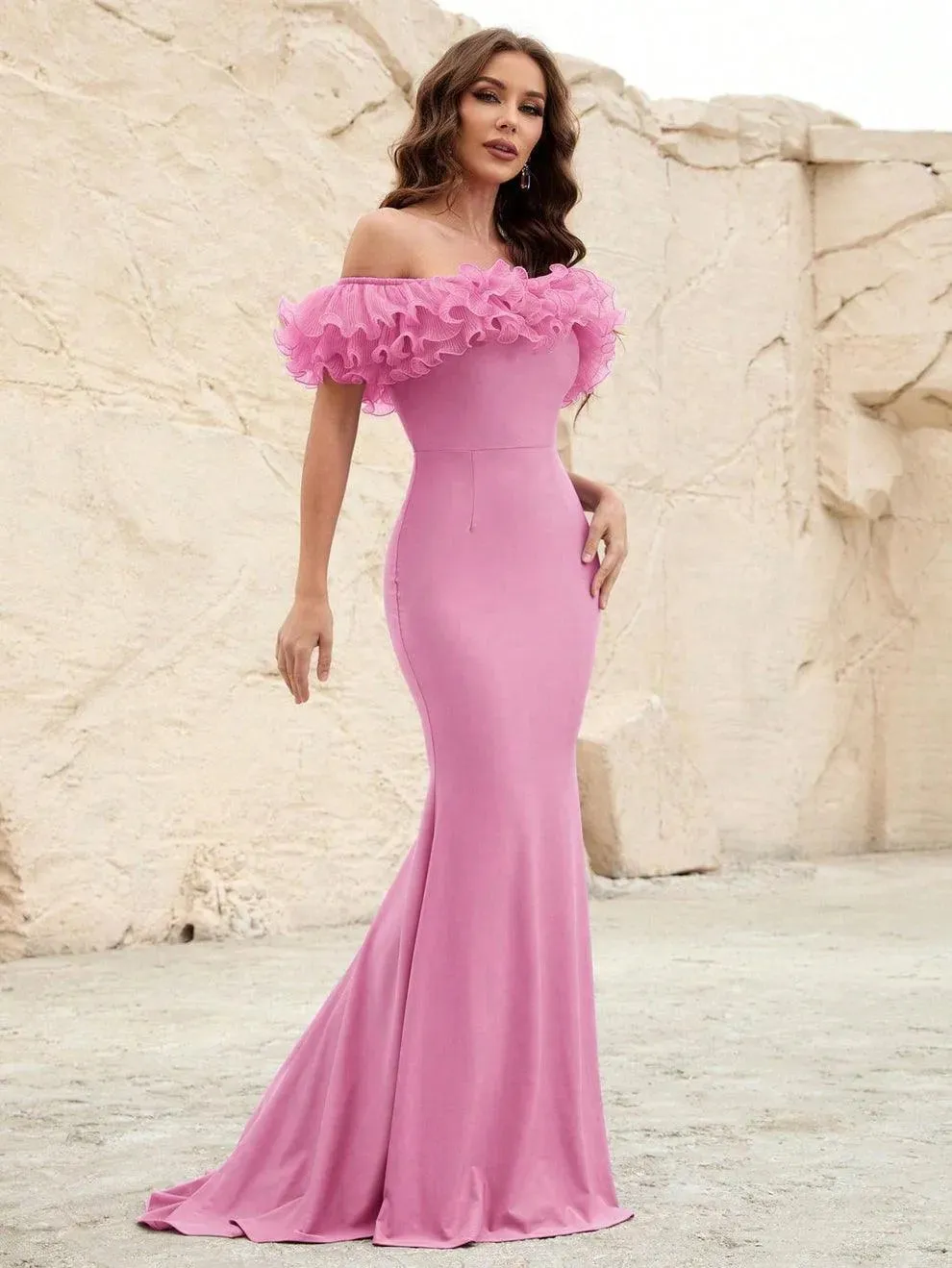 Off Shoulder Ruffle Trim Mermaid Dress