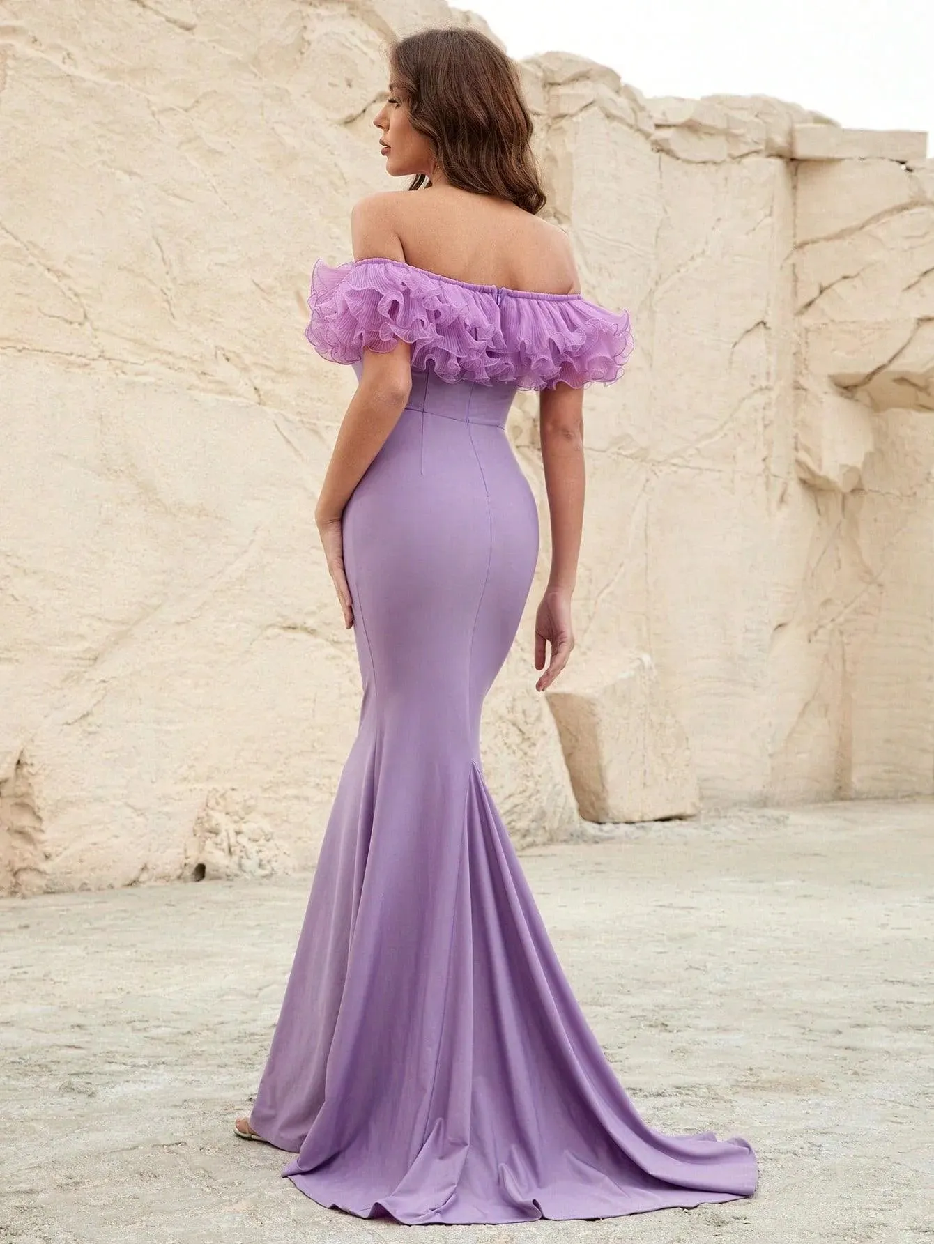 Off Shoulder Ruffle Trim Mermaid Dress