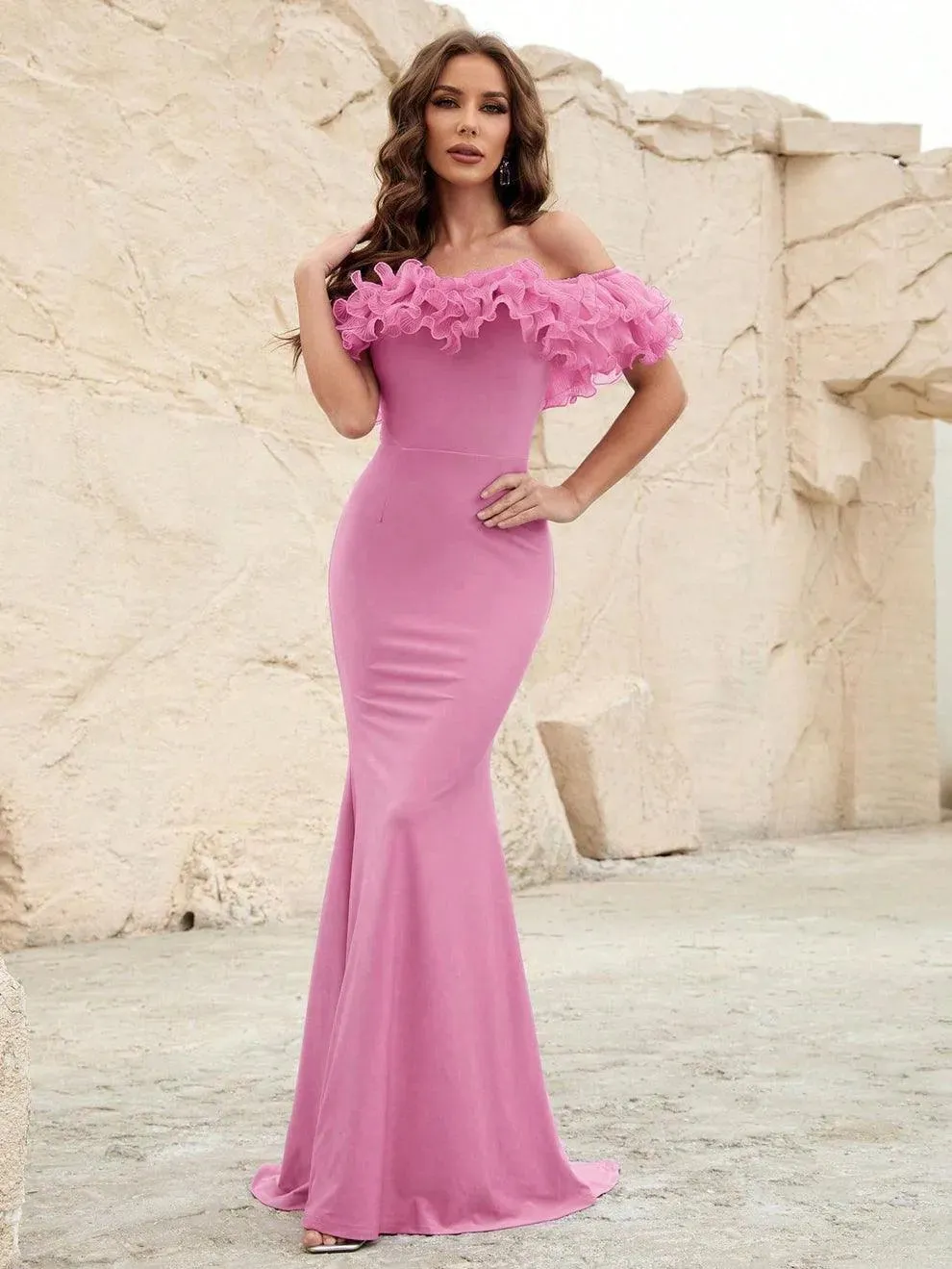 Off Shoulder Ruffle Trim Mermaid Dress