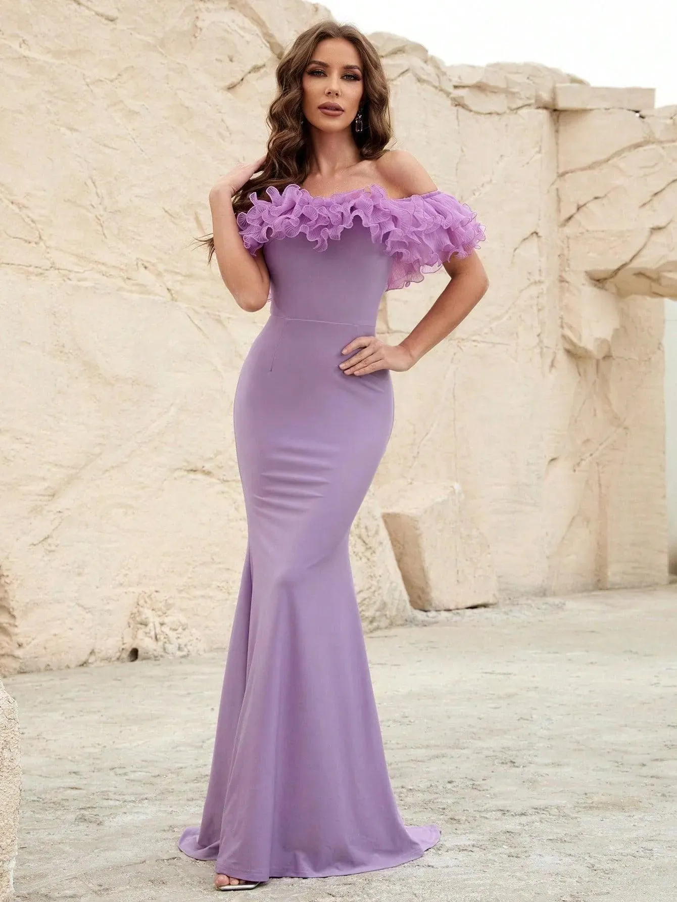 Off Shoulder Ruffle Trim Mermaid Dress