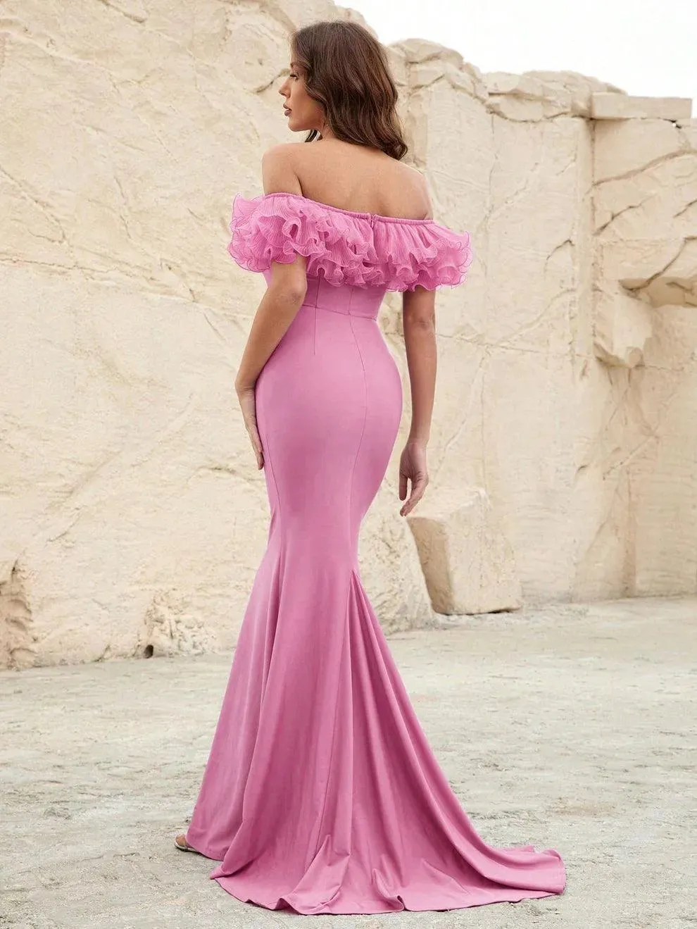 Off Shoulder Ruffle Trim Mermaid Dress