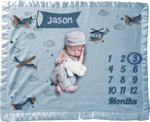 Personalized Baby Milestone Blanket Boy | Airplane | Personalized Monthly Milestone Blanket | Gift for Boys Baby Shower | Photo Prop