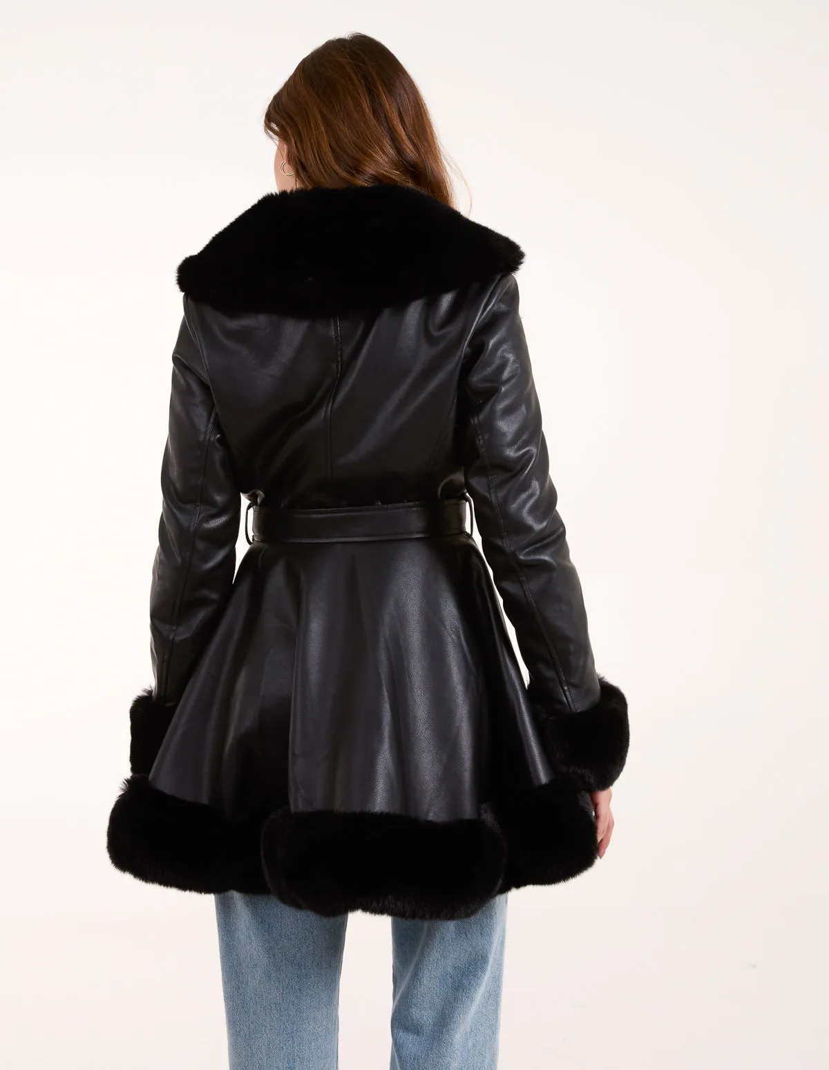 PU Faux Fur Trimmed Belted Coat