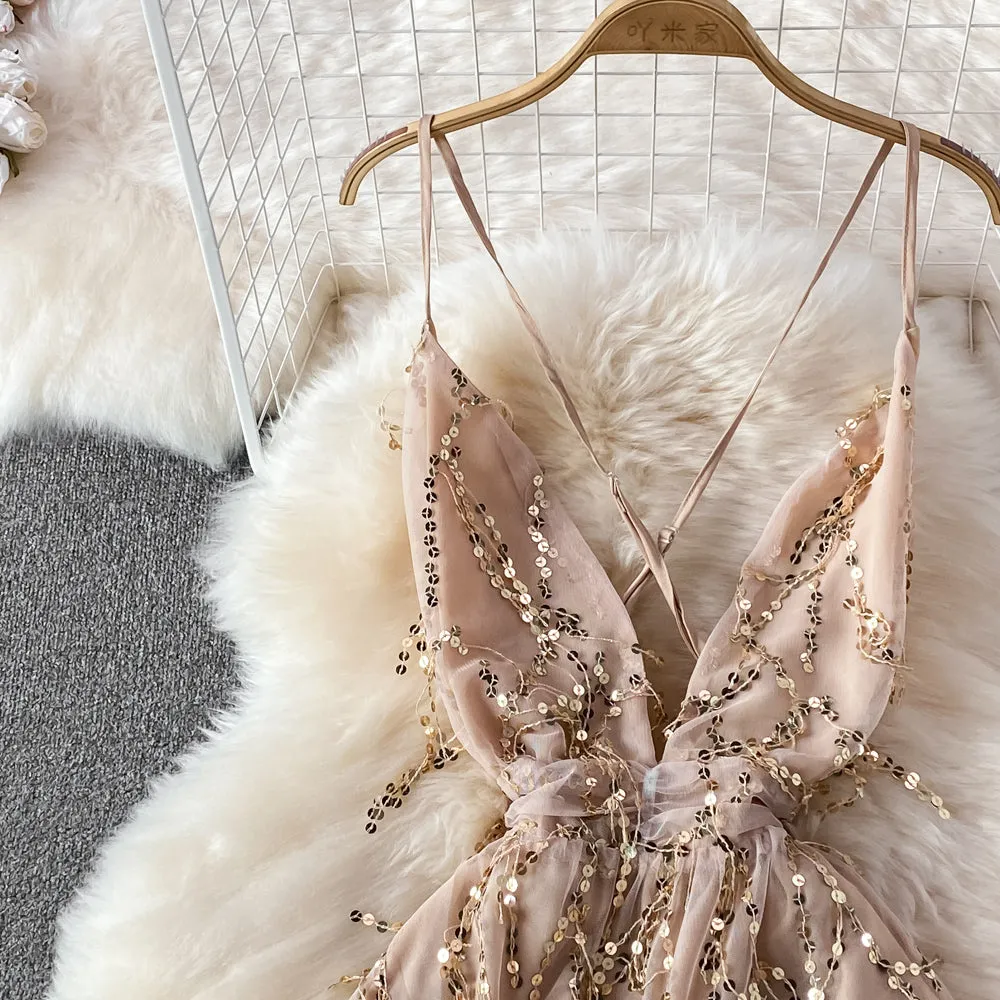 V-neck Backless Sequin Slip Dress