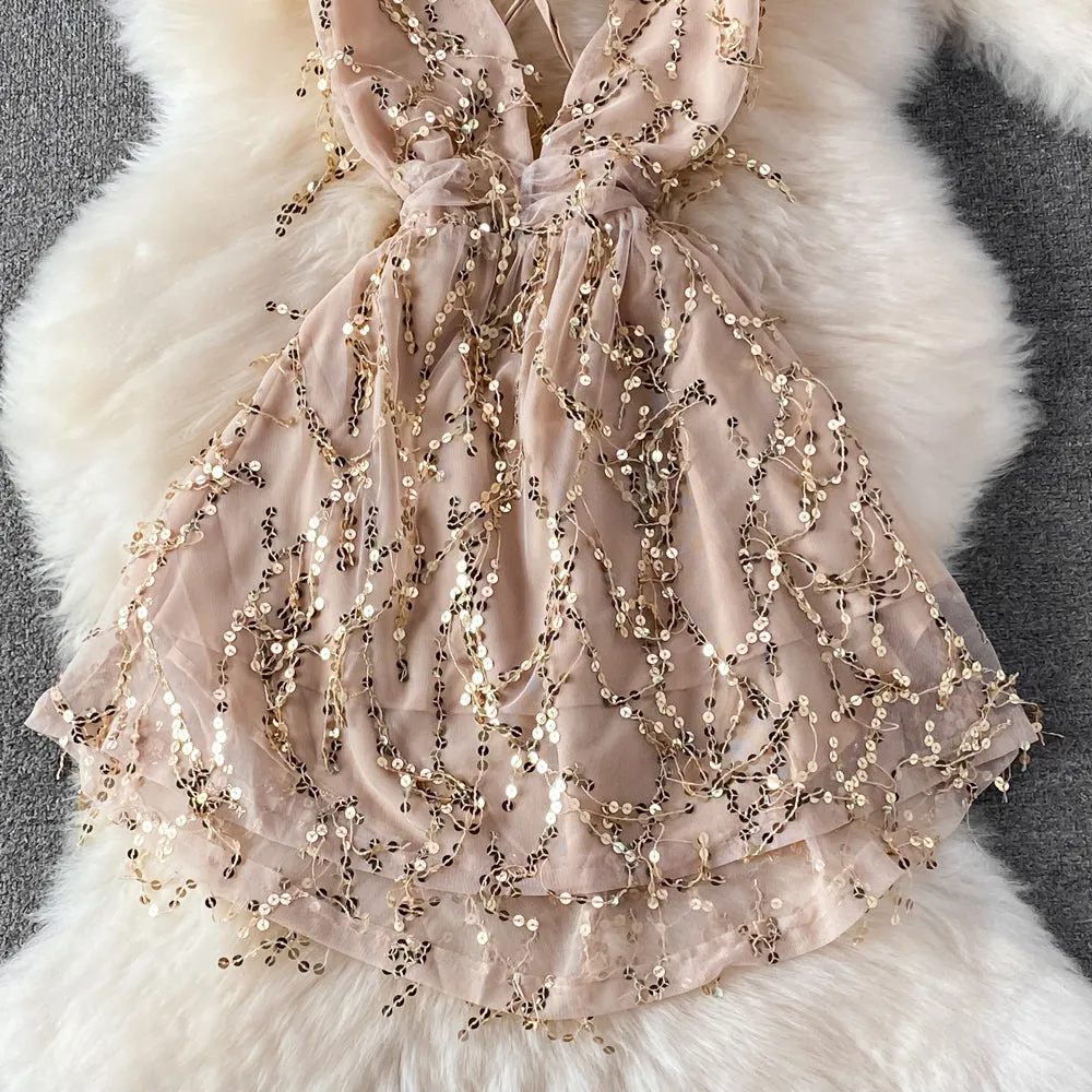 V-neck Backless Sequin Slip Dress