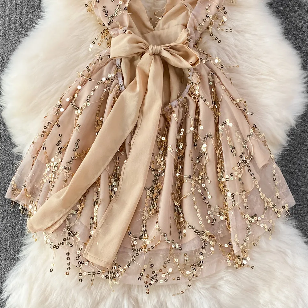 V-neck Backless Sequin Slip Dress