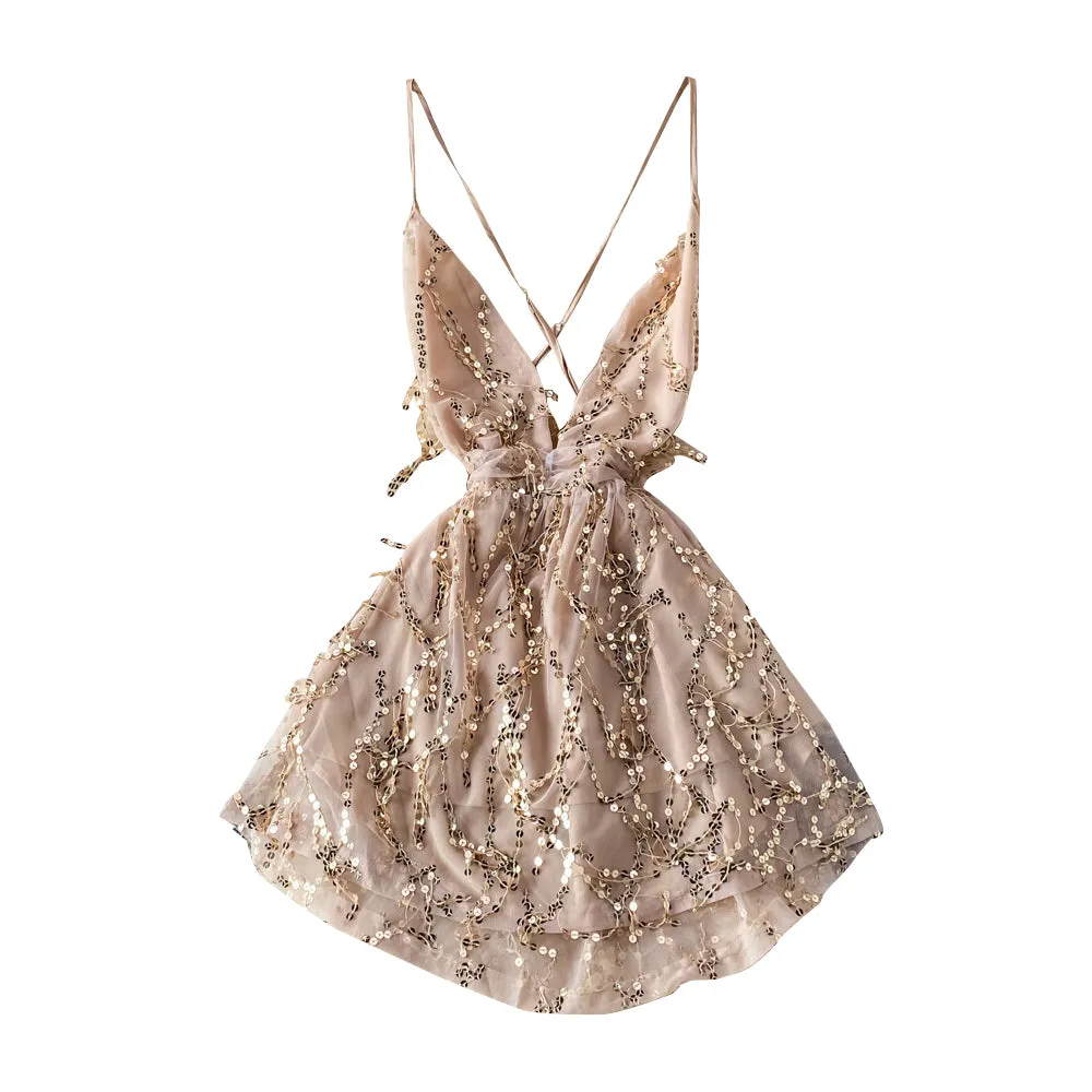 V-neck Backless Sequin Slip Dress