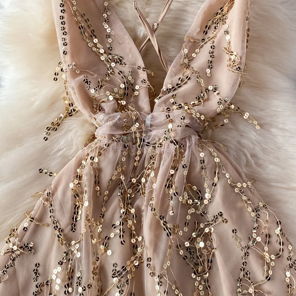 V-neck Backless Sequin Slip Dress