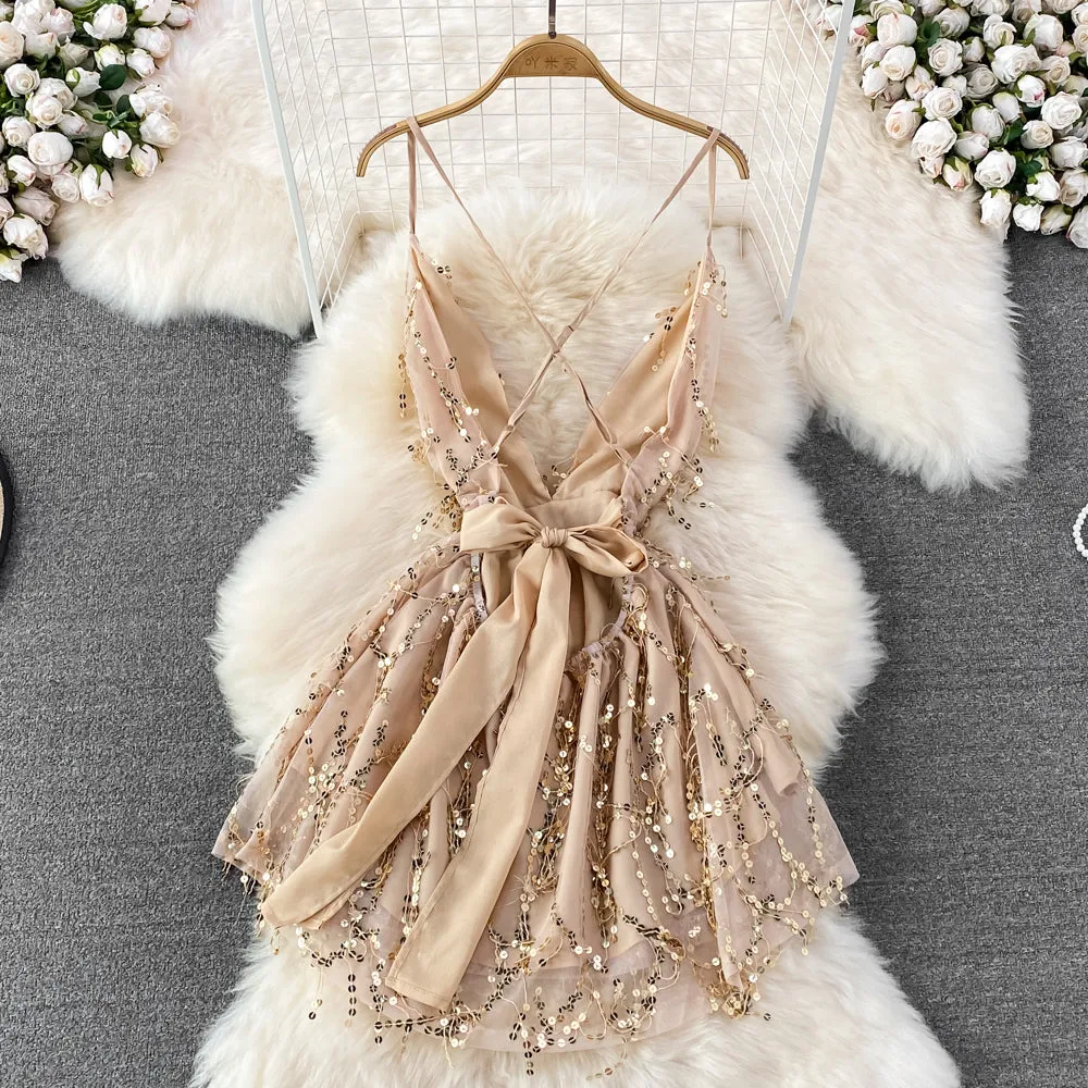 V-neck Backless Sequin Slip Dress
