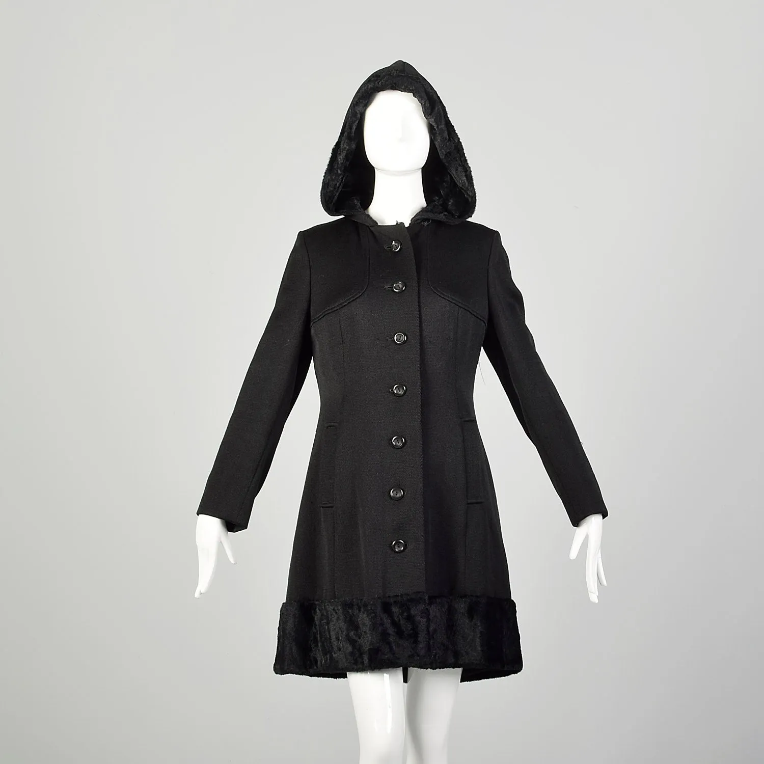 XS 1970s Black Fur Lined Hood Winter Coat Faux Fur Trim Heavyweight Car Coat