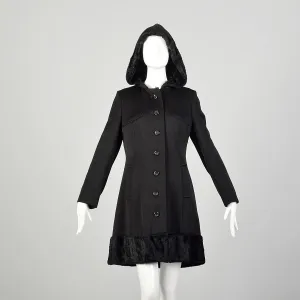 XS 1970s Black Fur Lined Hood Winter Coat Faux Fur Trim Heavyweight Car Coat